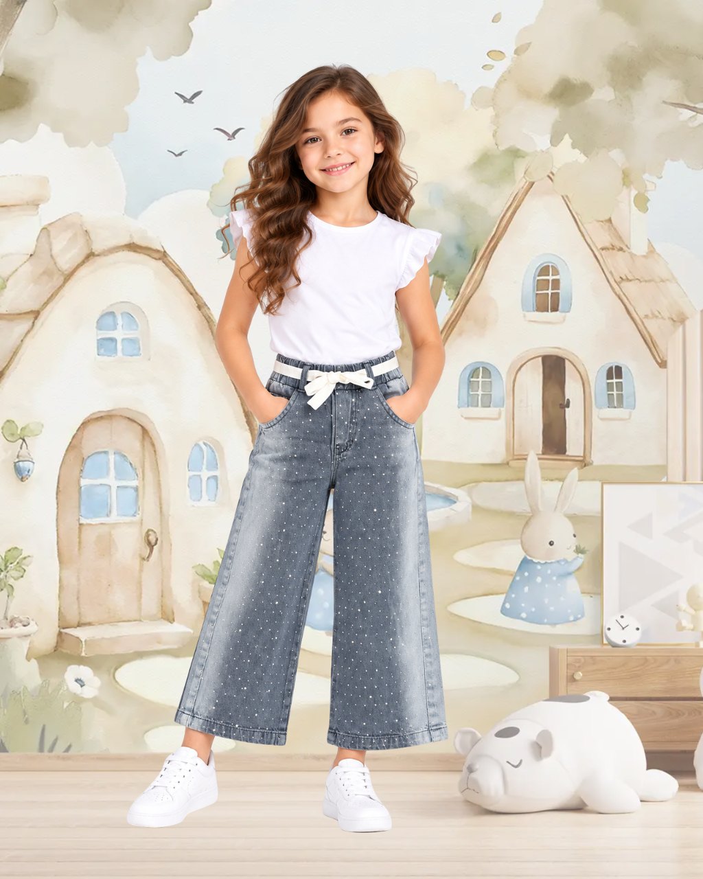 Wide-Leg Denim Washed Grey Blue Pant
