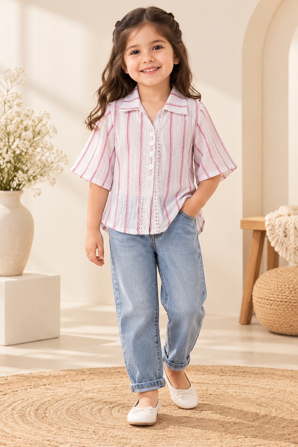 Striped Button-Down Top – White & Pink