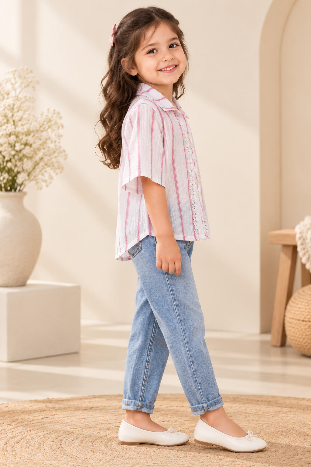 Striped Button-Down Top – White & Pink