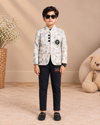 Beige Printed Blazer with Black Trousers