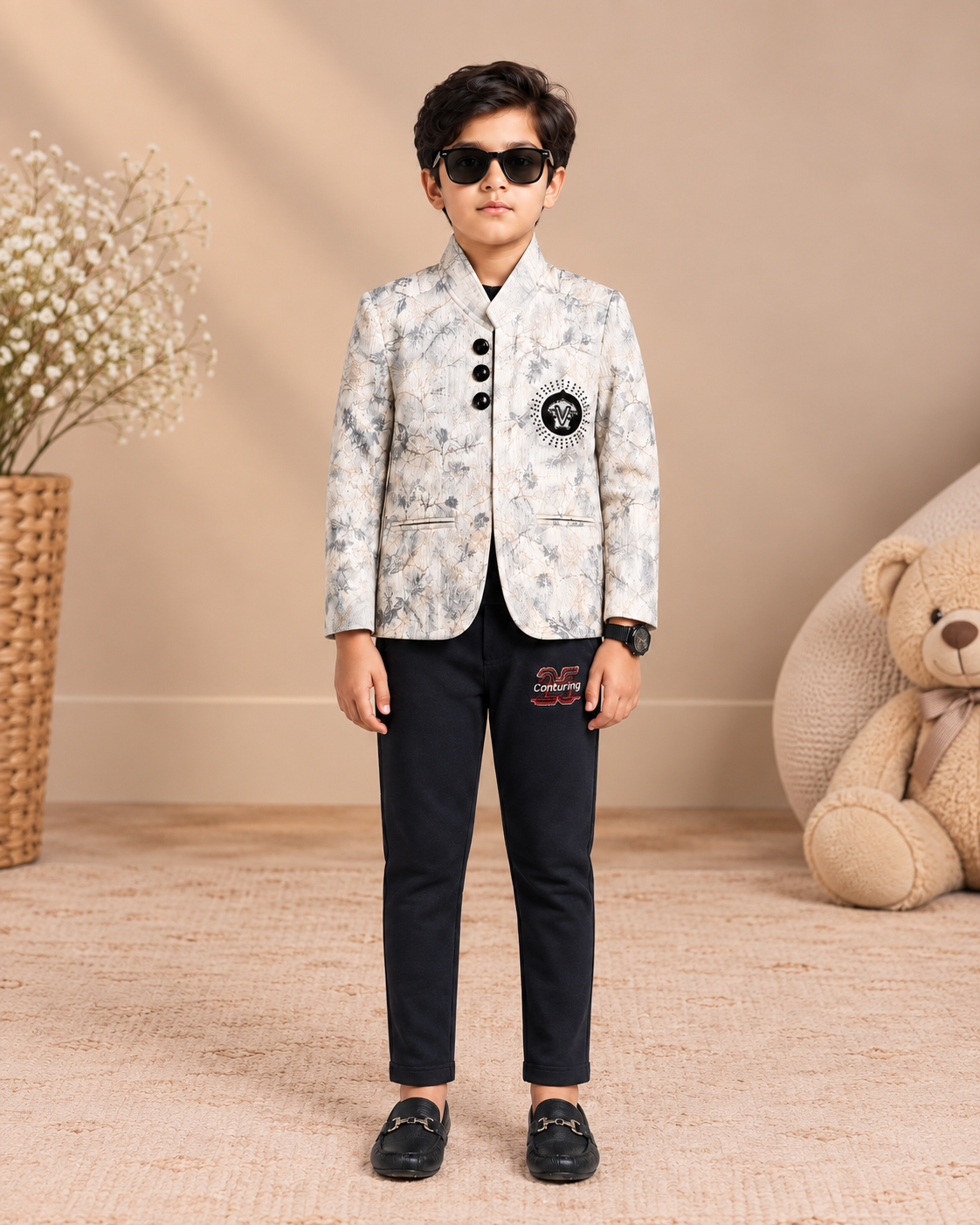 Beige Printed Blazer with Black Trousers
