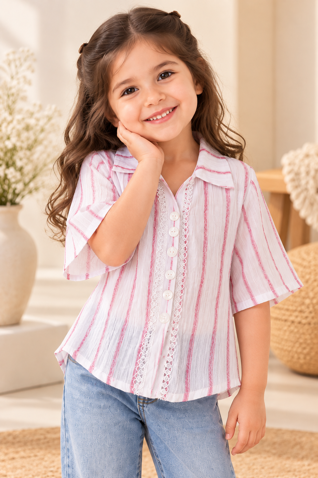 Striped Button-Down Top – White & Pink