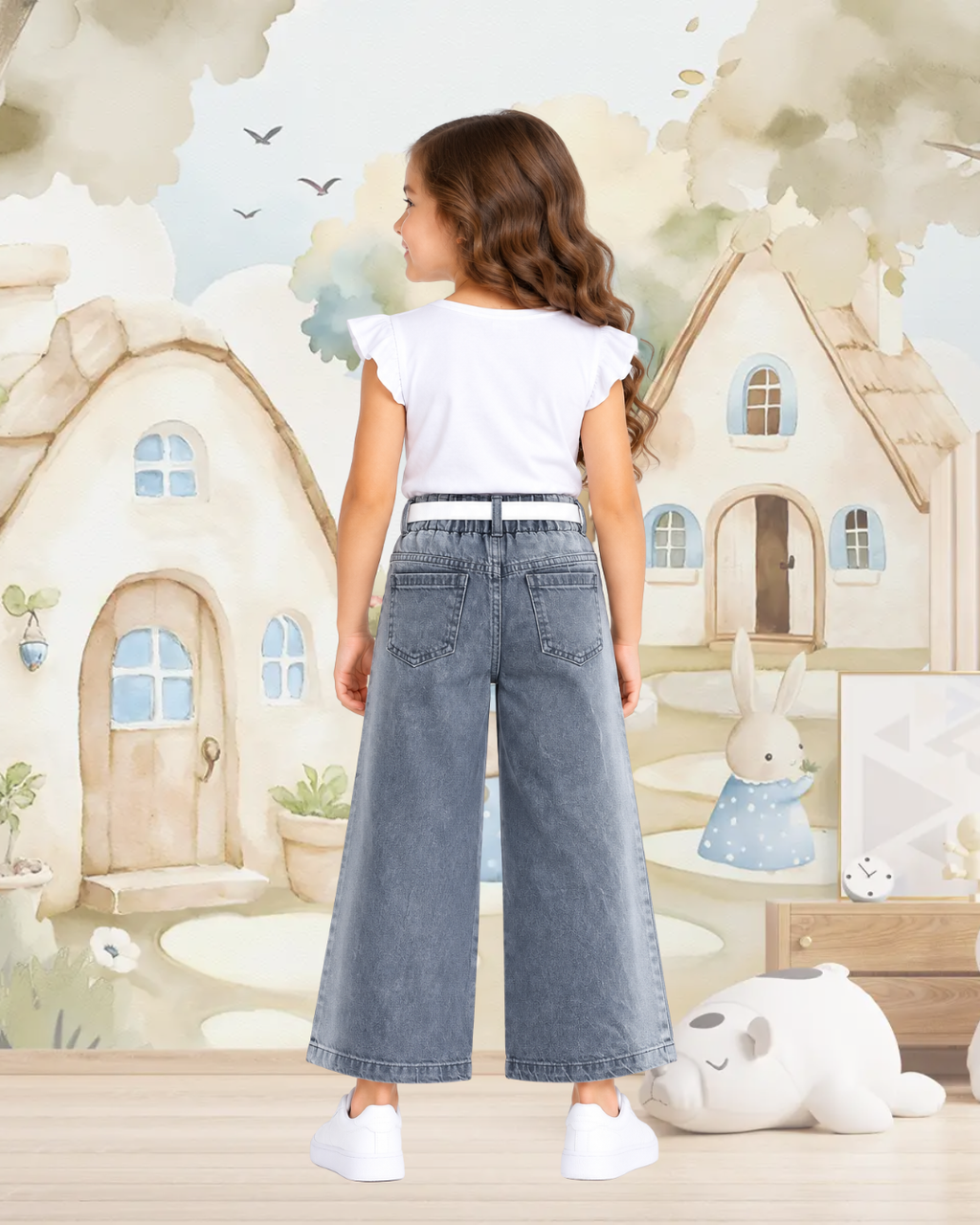 Wide-Leg Denim Washed Grey Blue Pant