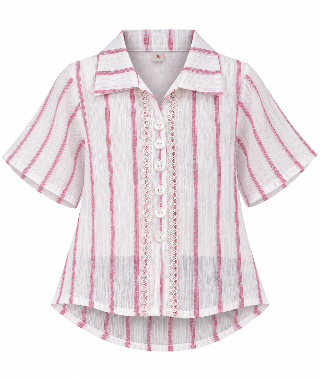 Striped Button-Down Top – White & Pink