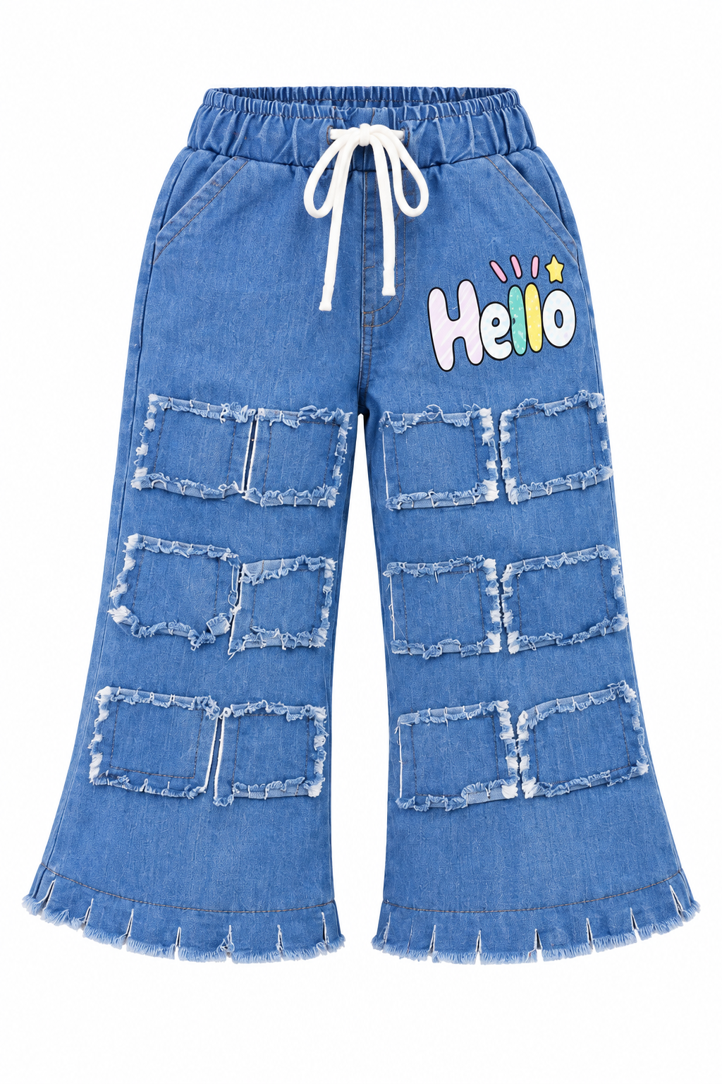 Blue Denim Frayed Patchwork Jeans
