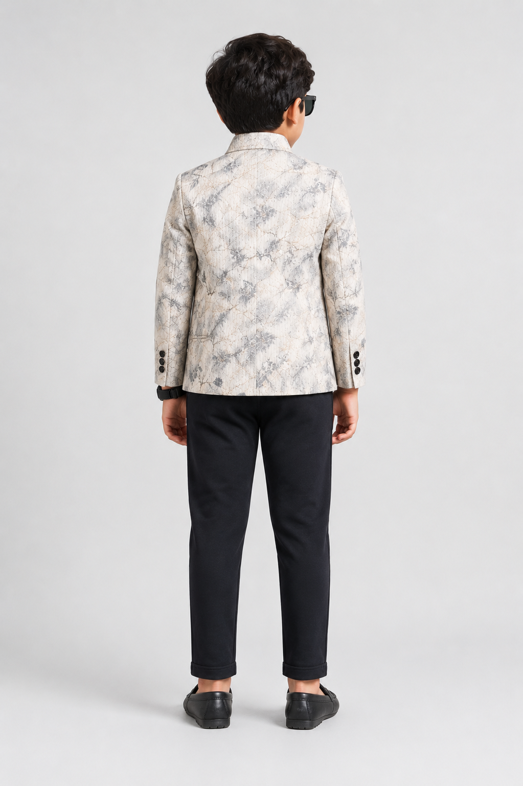 Beige Printed Blazer with Black Trousers