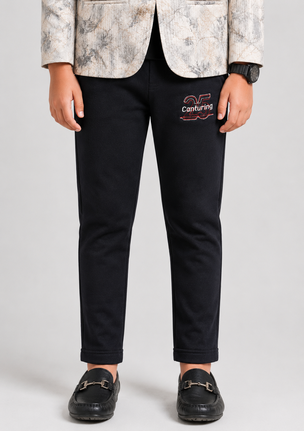 Beige Printed Blazer with Black Trousers