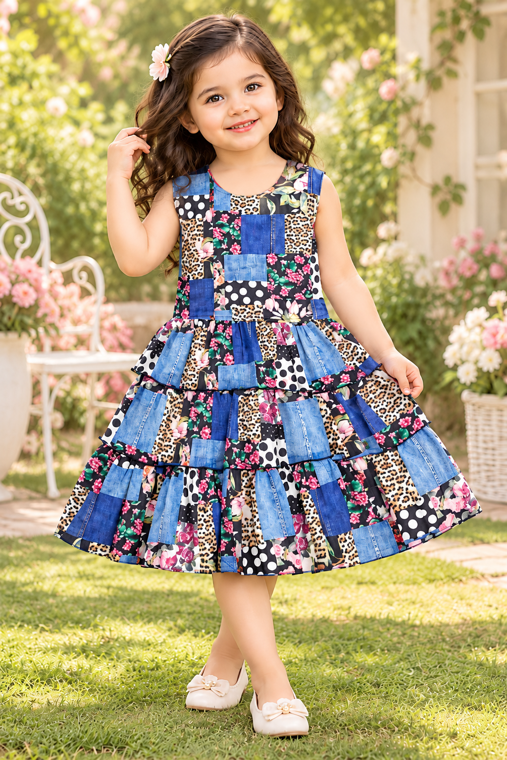 Printed Dress with Denim Jacket Set