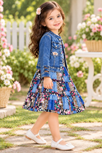 Printed Dress with Denim Jacket Set