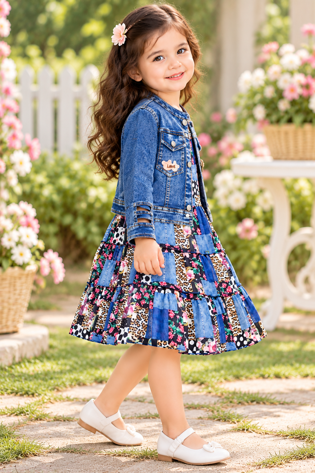 Printed Dress with Denim Jacket Set
