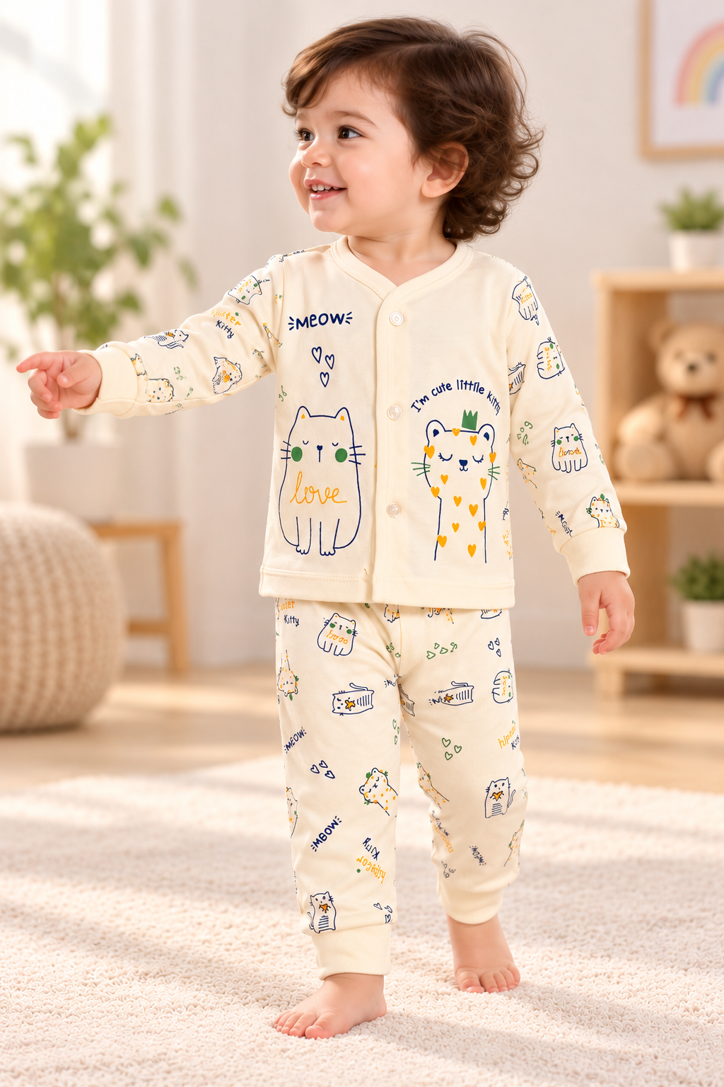 Baby Cat Print Full-Sleeve Top & Pyjama Set
