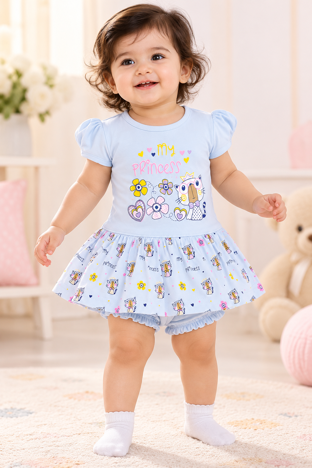 Girls Light Blue Owl Print Frock