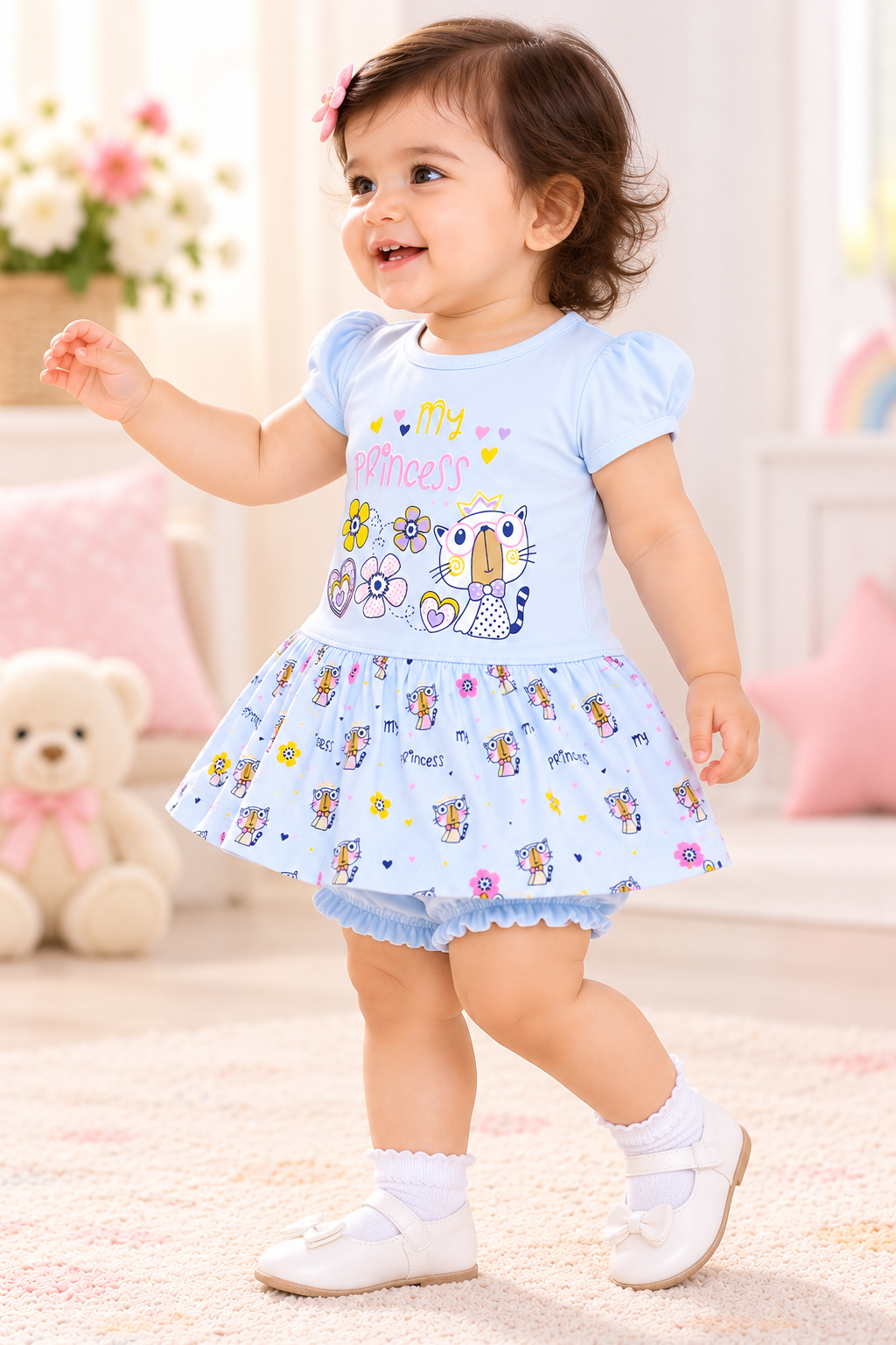 Girls Light Blue Owl Print Frock