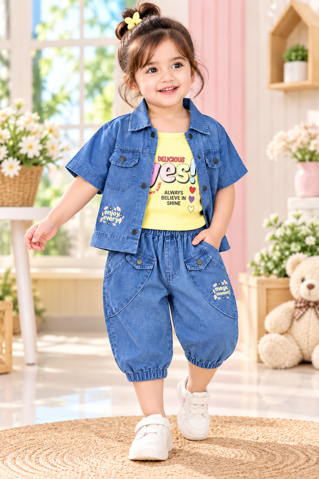 Denim Shirt & Camisole Top Set with Jogger Pants