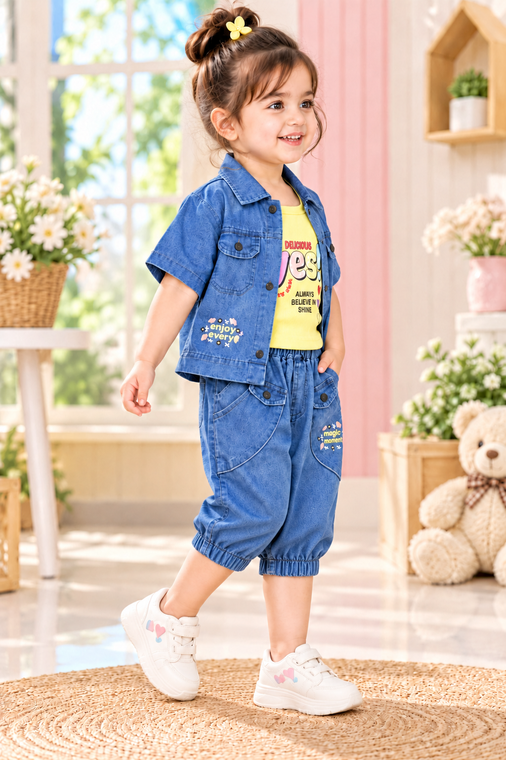 Denim Shirt & Camisole Top Set with Jogger Pants
