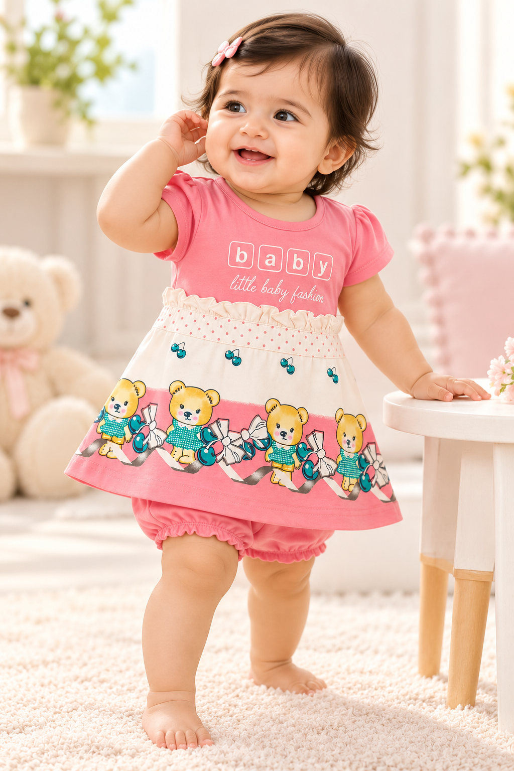 Girls Pink Bear Print Frock & Bloomer Set
