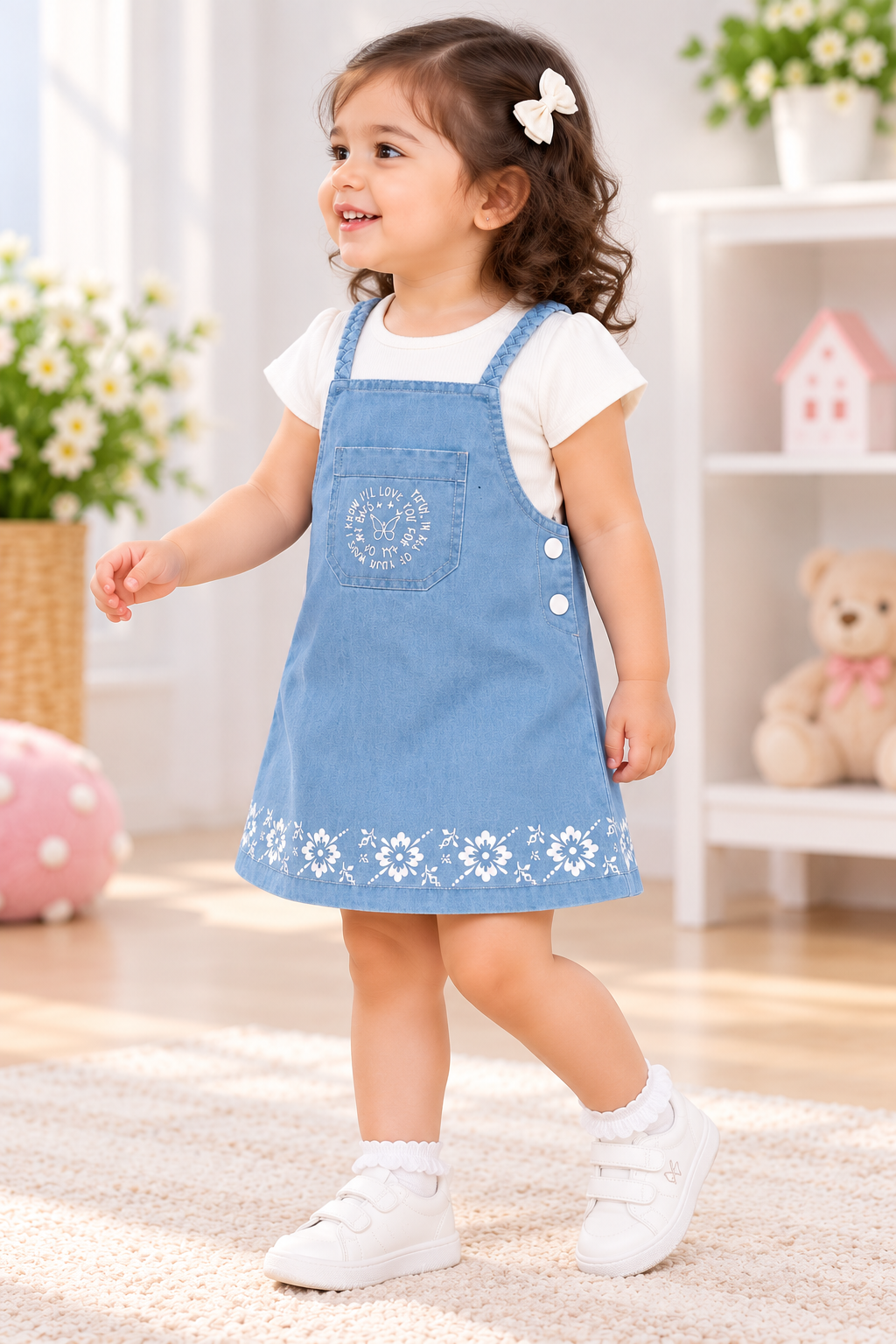 Girls White Floral Print Pinafore Dress & T-Shirt Set
