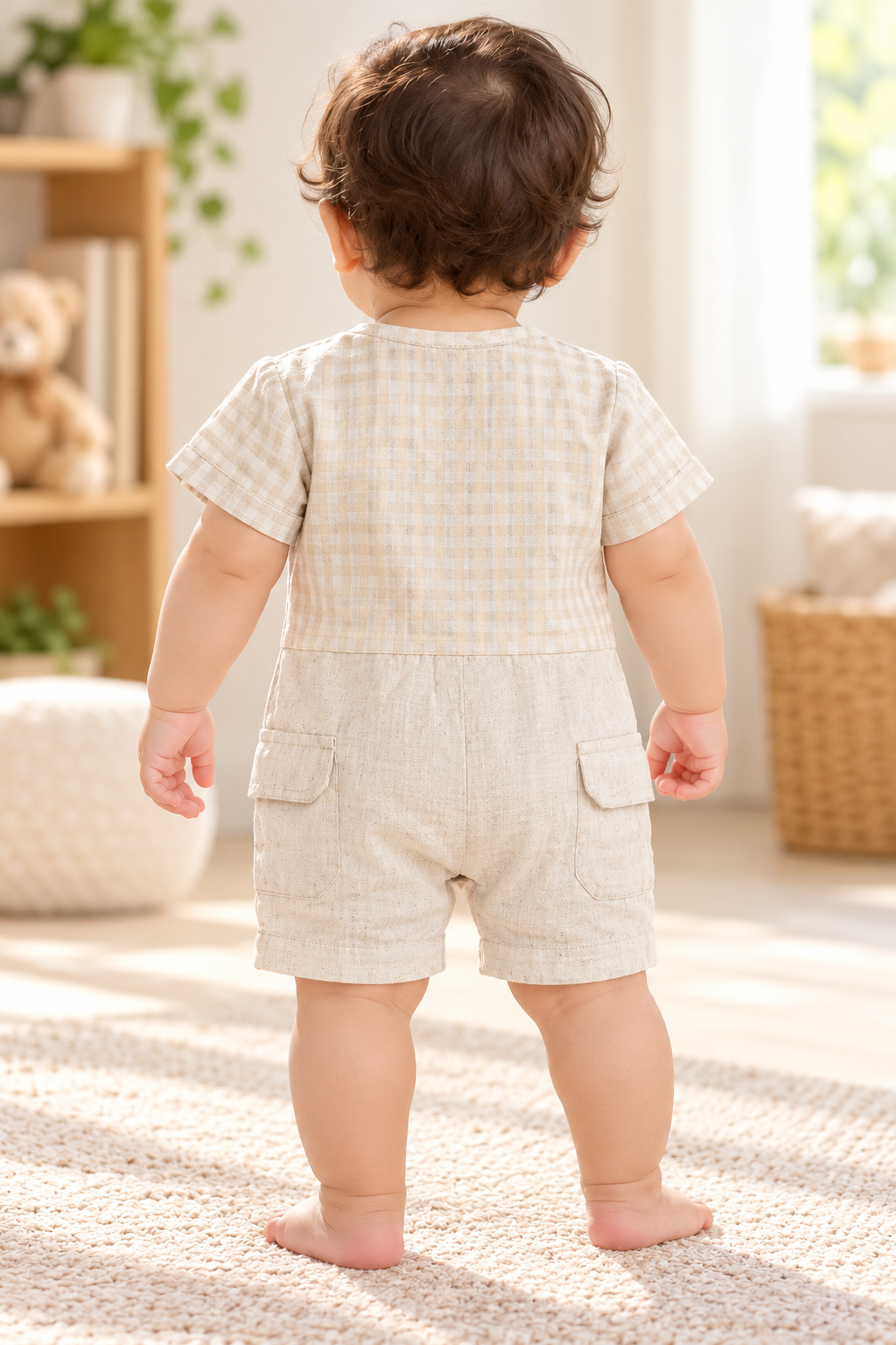 Baby Boy Beige Checked Romper