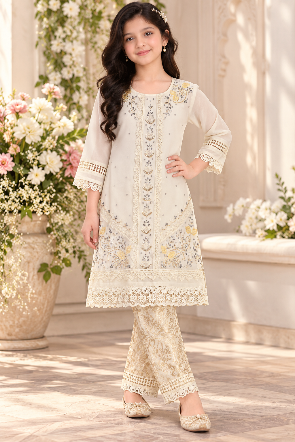 White Embroidered Kurta & Printed Pants Set