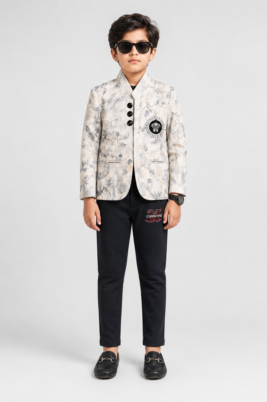 Beige Printed Blazer with Black Trousers