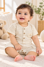 Baby Boy Beige Checked Romper