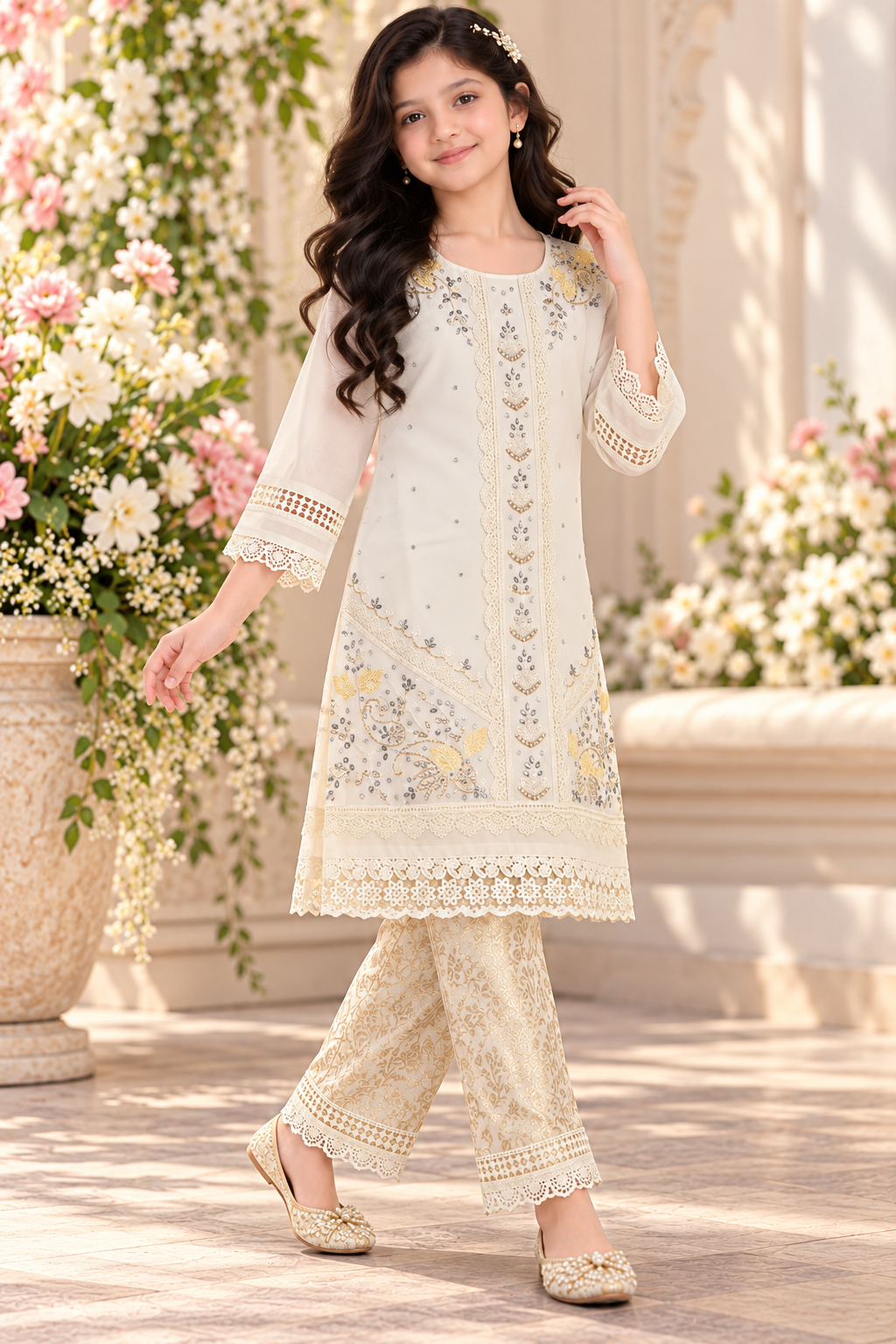 White Embroidered Kurta & Printed Pants Set