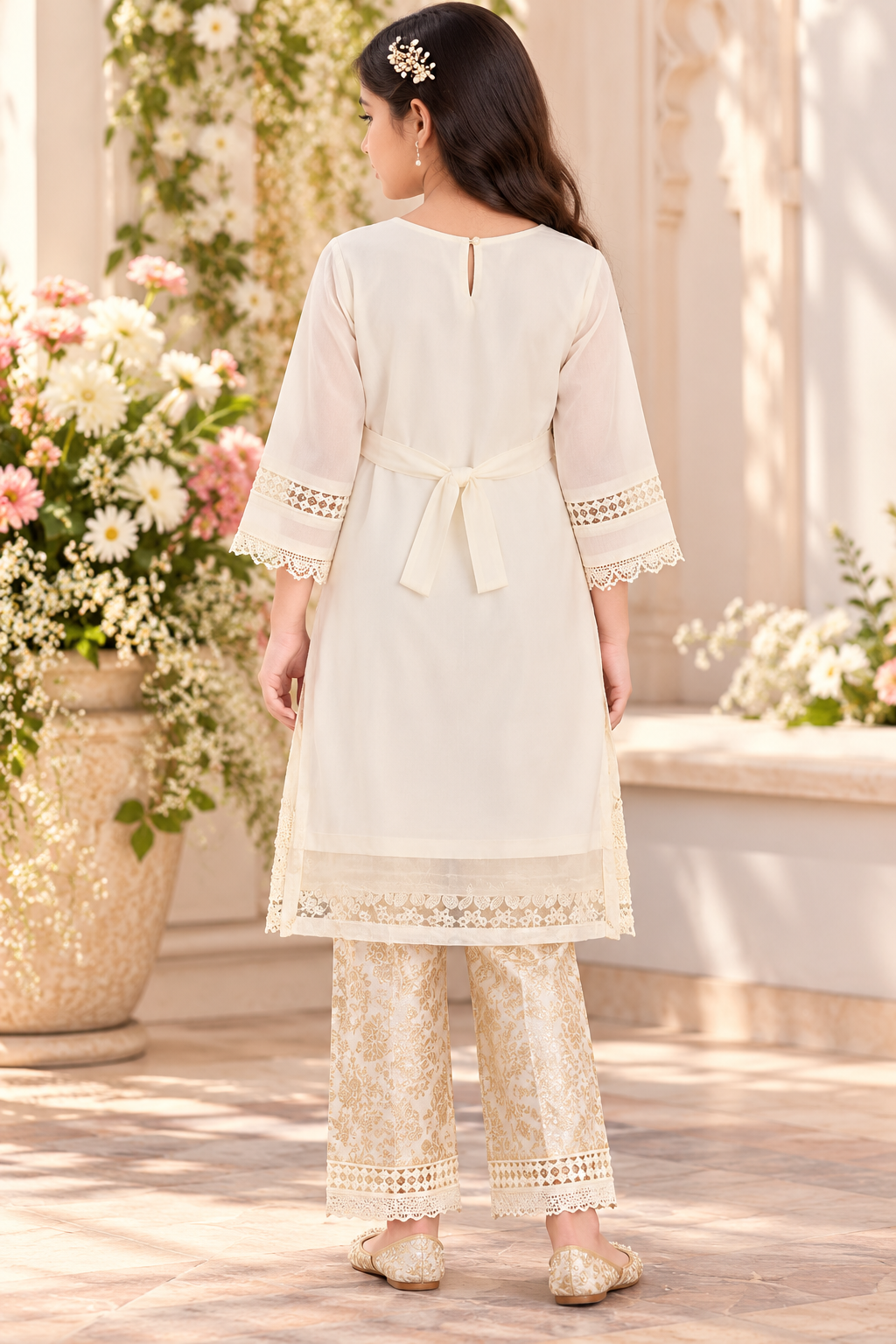 White Embroidered Kurta & Printed Pants Set