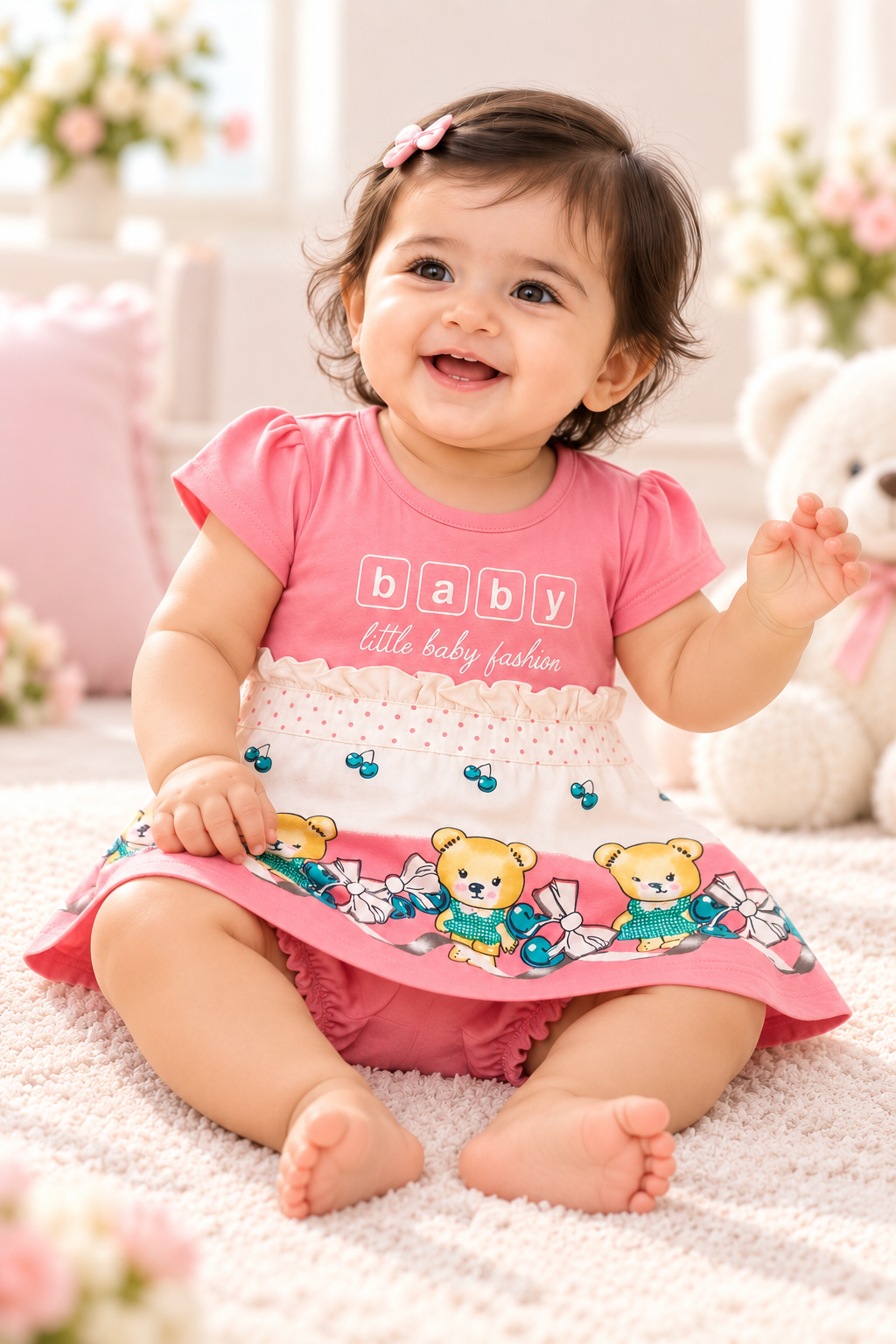Girls Pink Bear Print Frock & Bloomer Set