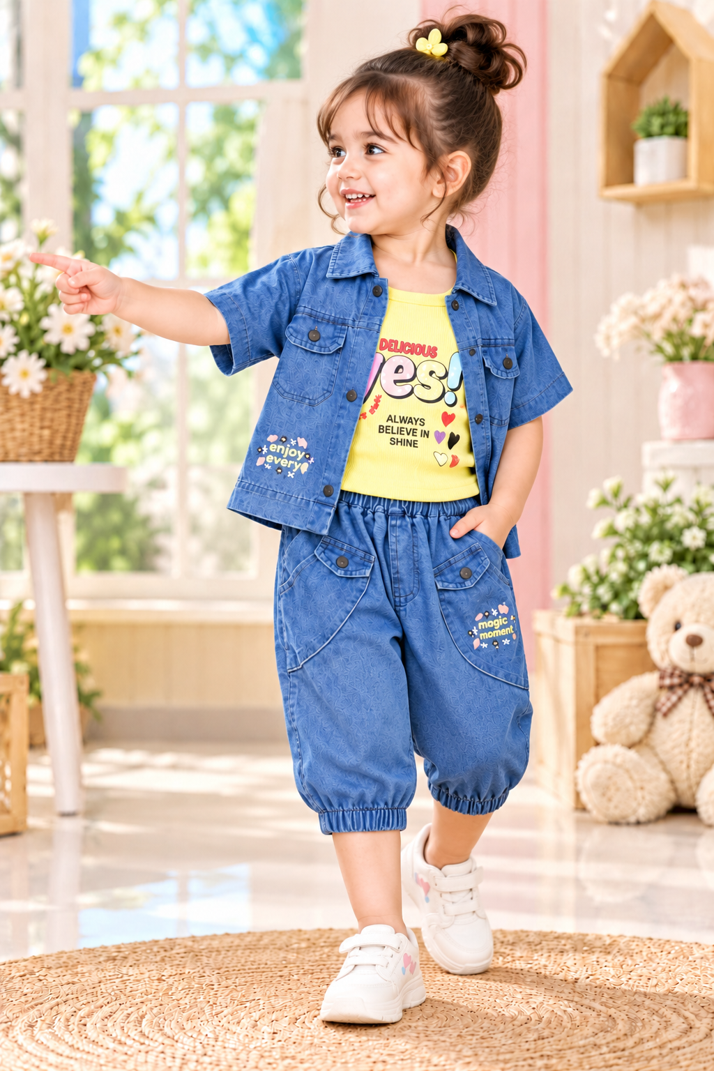 Denim Shirt & Camisole Top Set with Jogger Pants