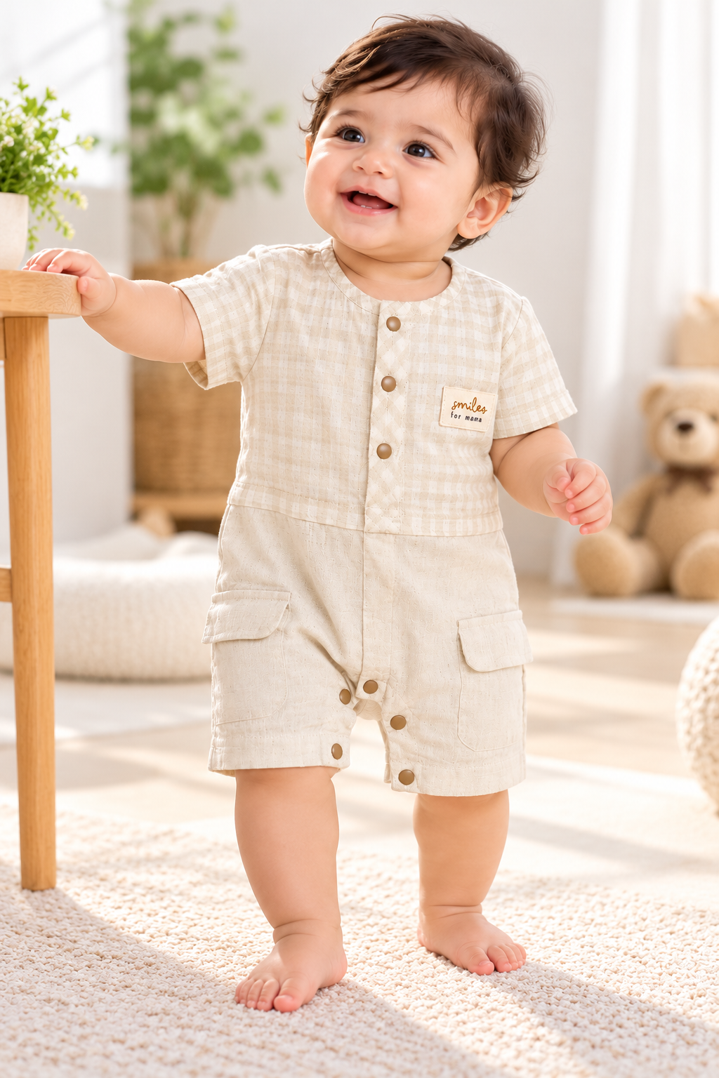 Baby Boy Beige Checked Romper