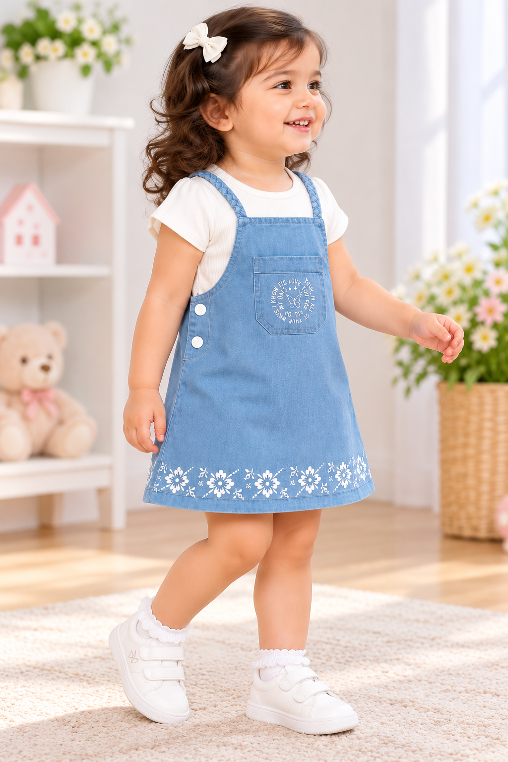 Girls White Floral Print Pinafore Dress & T-Shirt Set