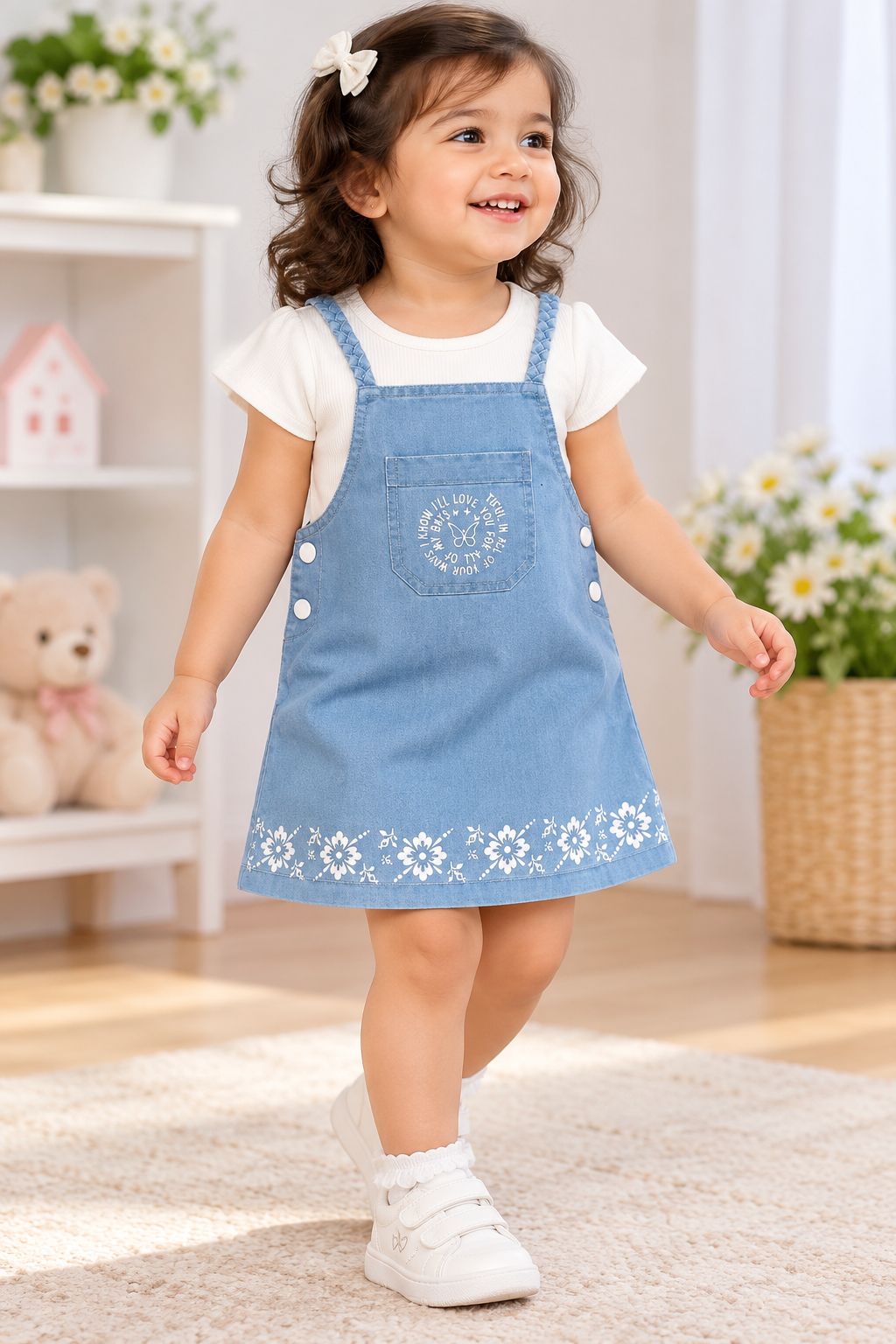 Girls Denim Pinafore Dress Set