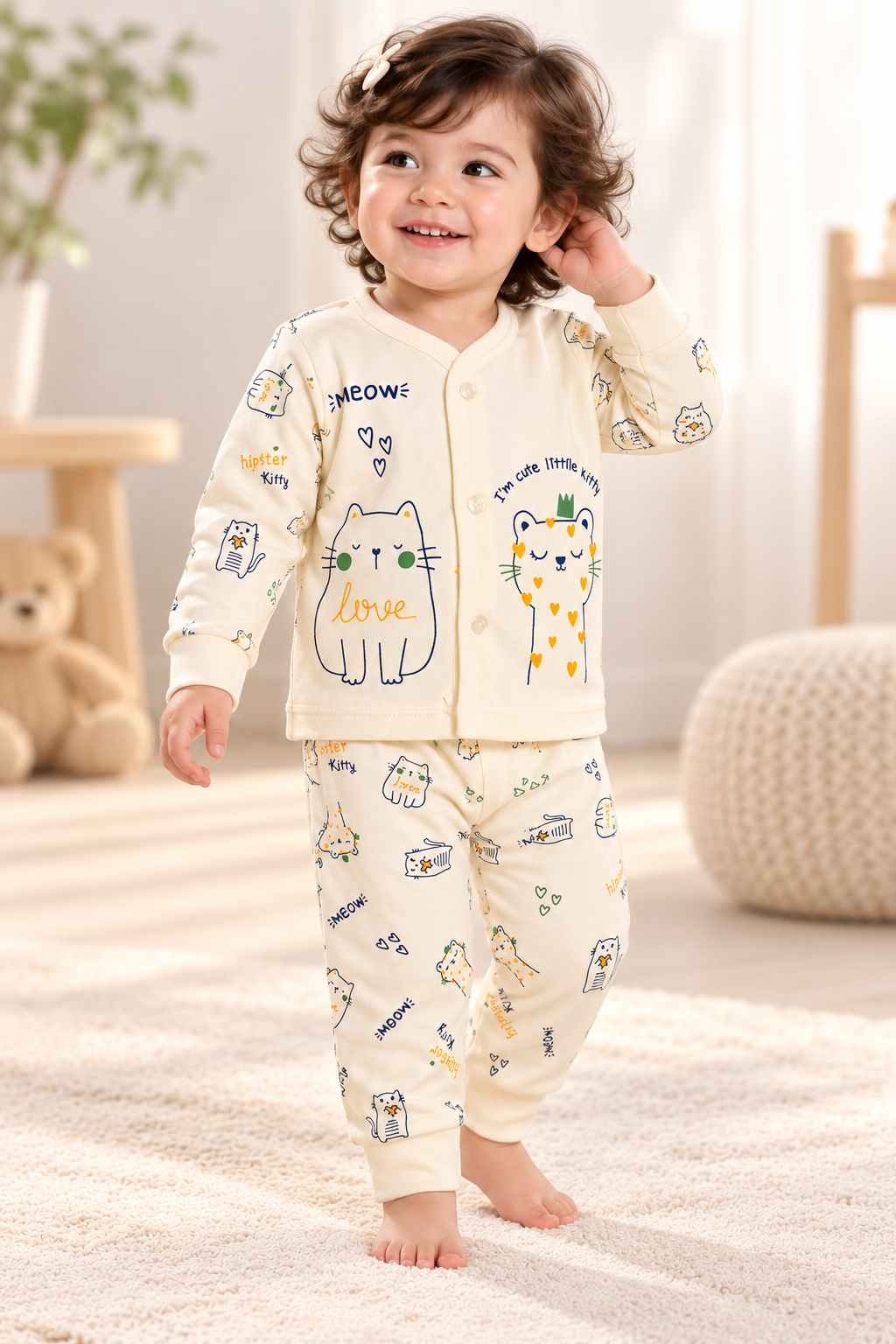 Baby Cat Print Full-Sleeve Top & Pyjama Set