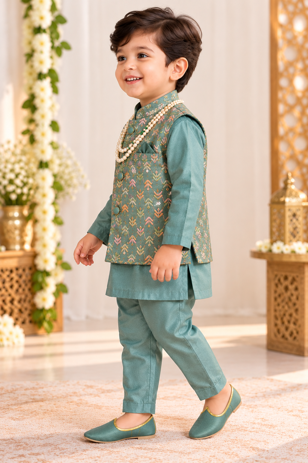 Boys Seafoam Green Printed Nehru Jacket & Kurta Pajama Set