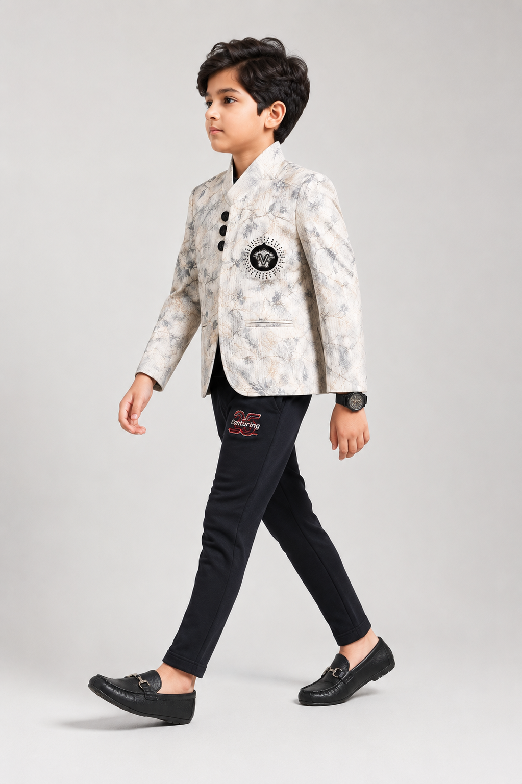 Beige Printed Blazer with Black Trousers