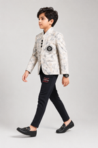 Beige Printed Blazer with Black Trousers