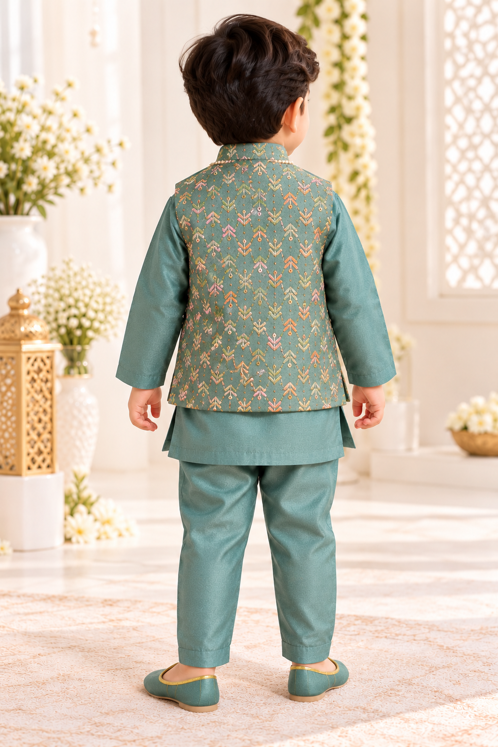 Boys Seafoam Green Printed Nehru Jacket & Kurta Pajama Set