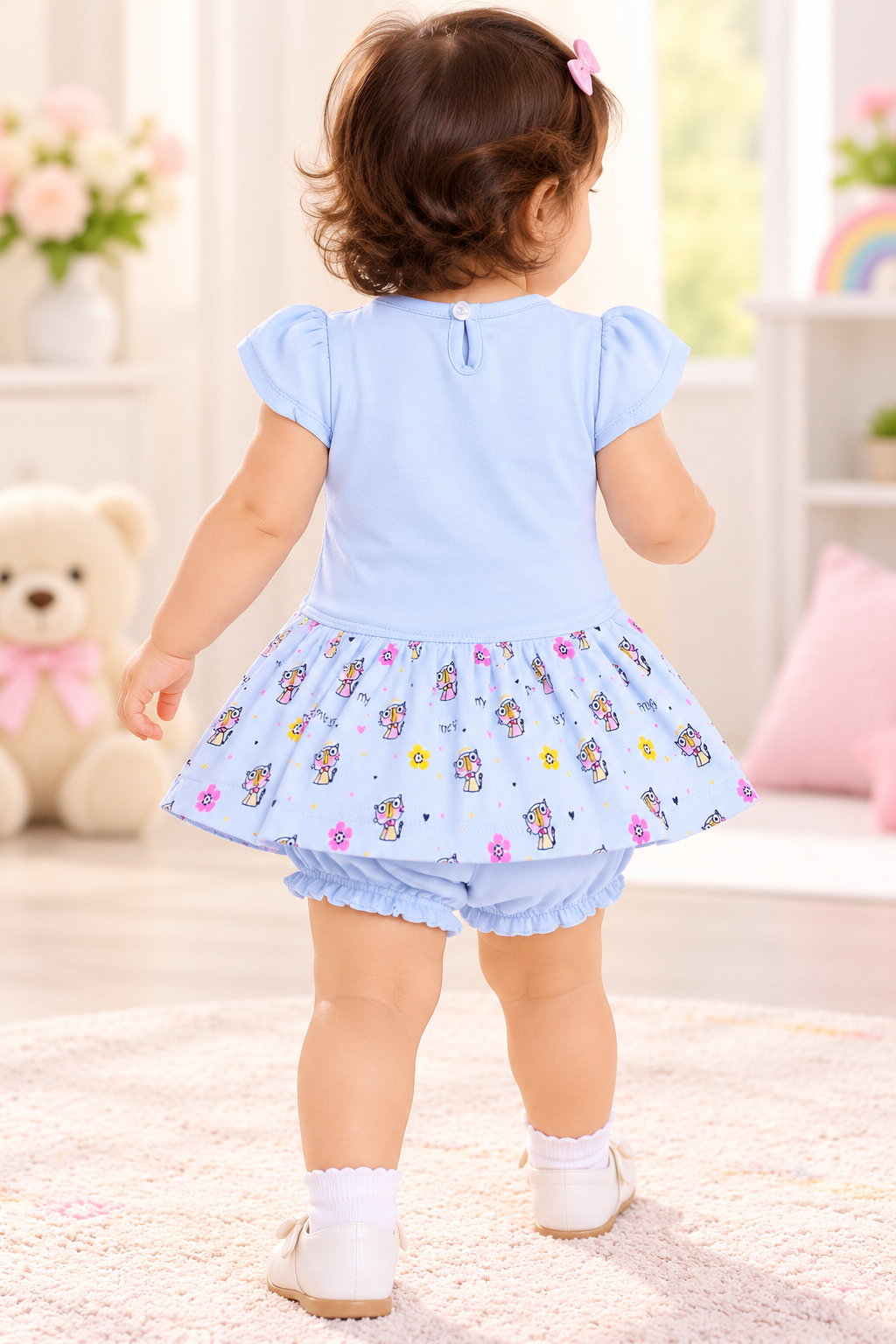 Girls Light Blue Owl Print Frock