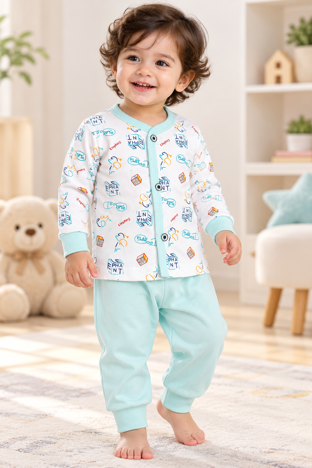 Baby Elephant Print Full-Sleeve Top  Jogger Set