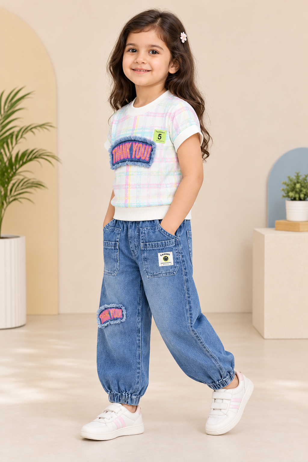 T-Shirt & Blue Denim Jogger Pants Set