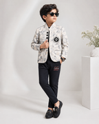 Beige Printed Blazer with Black Trousers