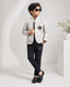 Beige Printed Blazer with Black Trousers