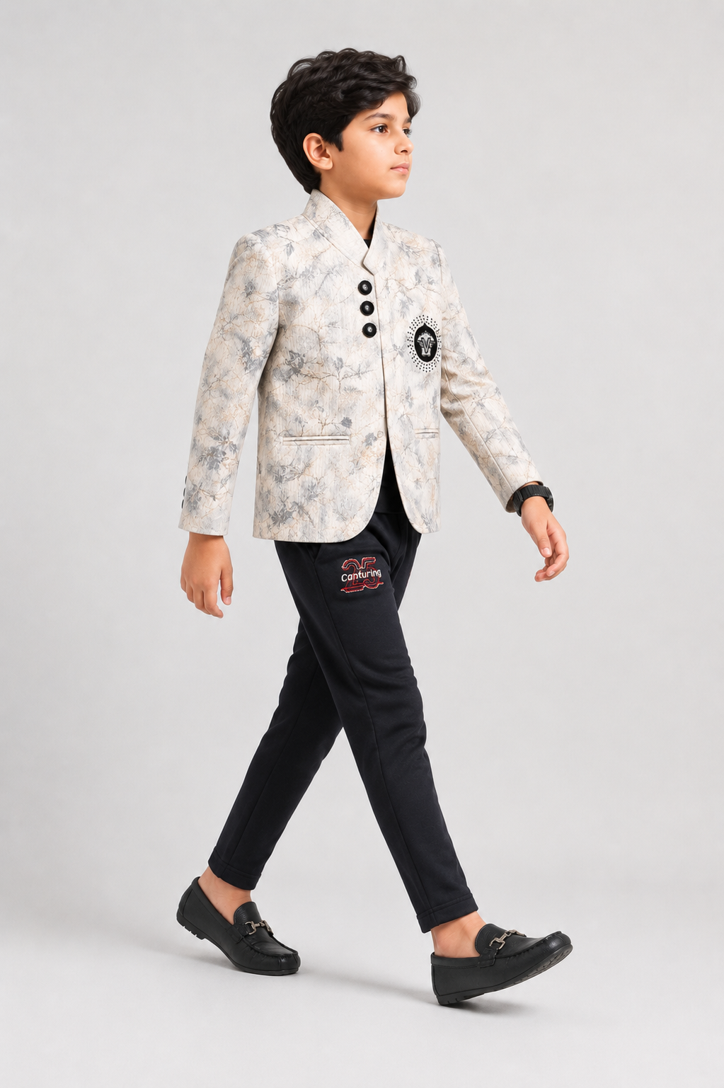 Beige Printed Blazer with Black Trousers