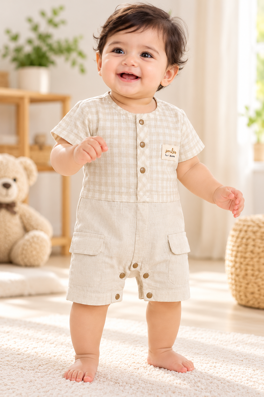 Baby Boy Beige Checked Romper