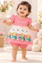 Girls Pink Bear Print Frock & Bloomer Set