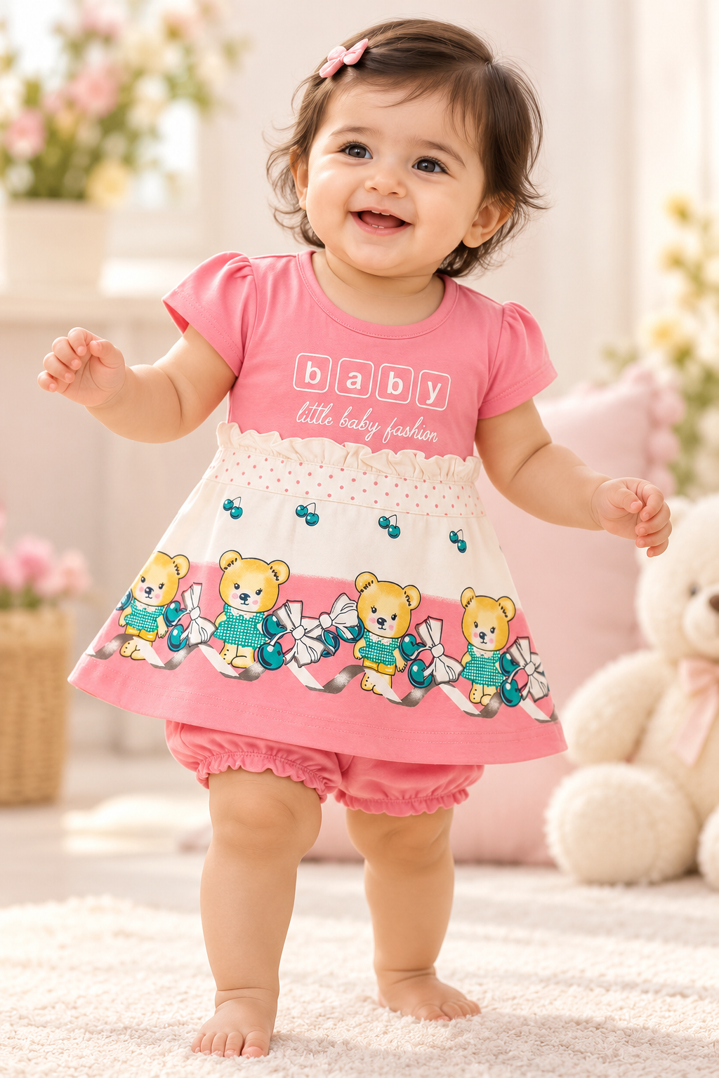 Girls Pink Bear Print Frock & Bloomer Set
