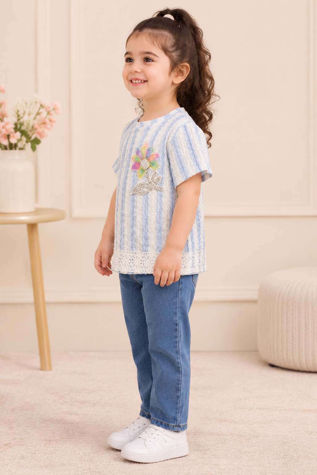 Girls Blue Textured Floral Applique Top