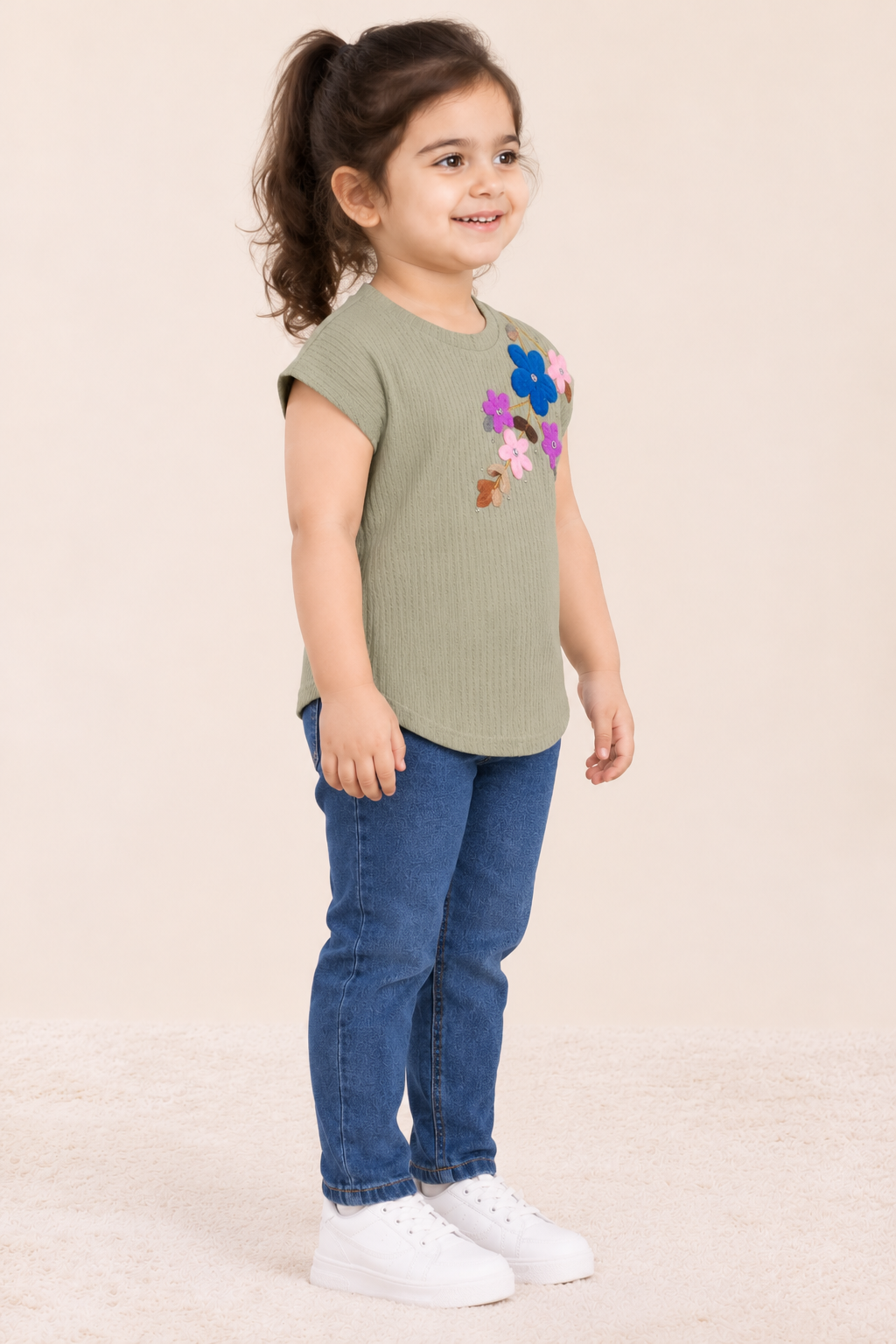 Girls Sage Green Floral Applique Textured Top