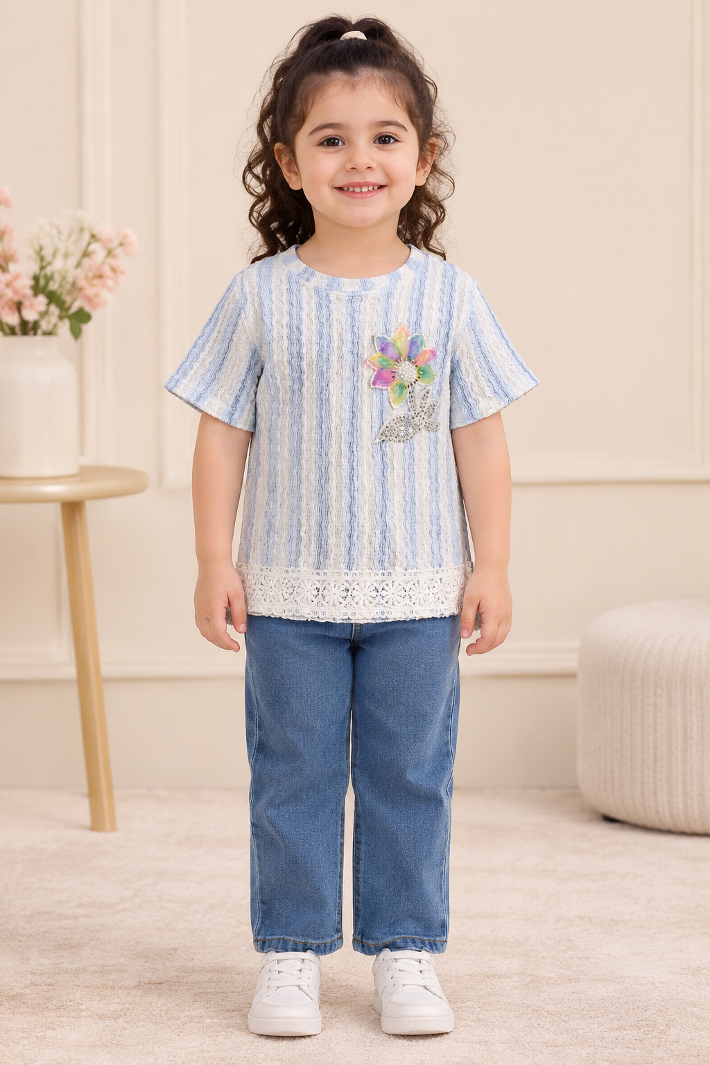 Girls Blue Textured Floral Applique Top