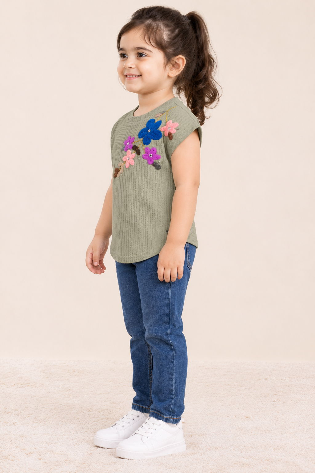 Girls Sage Green Floral Applique Textured Top